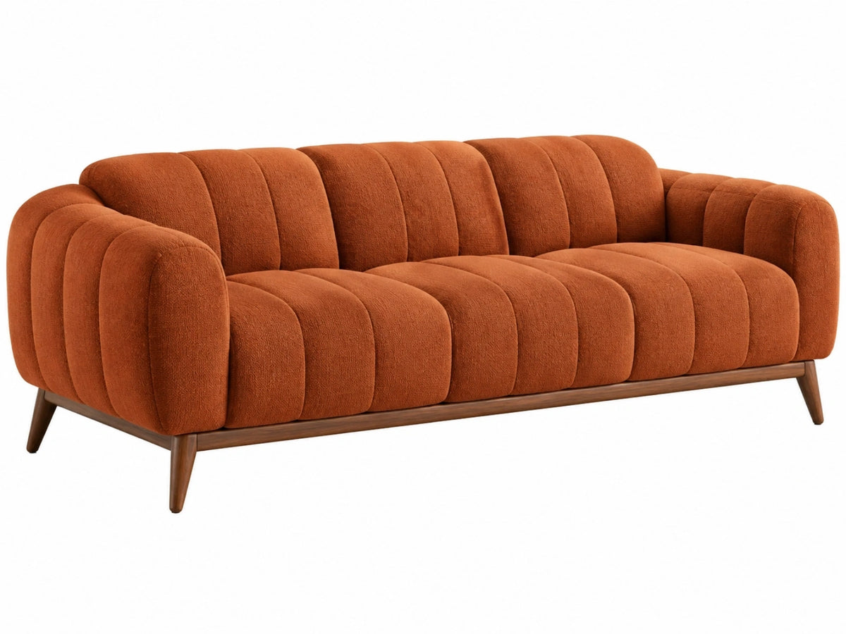 2-zitsbank 220 x 90 x 82 cm roestbruin stoffen bekleding met houten poten - geribbelde moderne bank