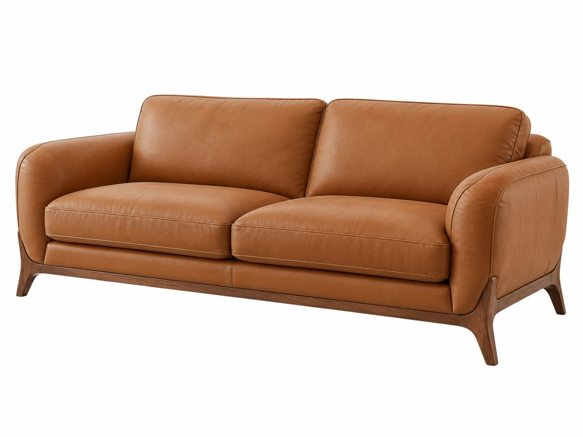 2-zitsbank 180 x 90 x 85 cm bruin leren bekleding houten poten moderne woonkamerbank