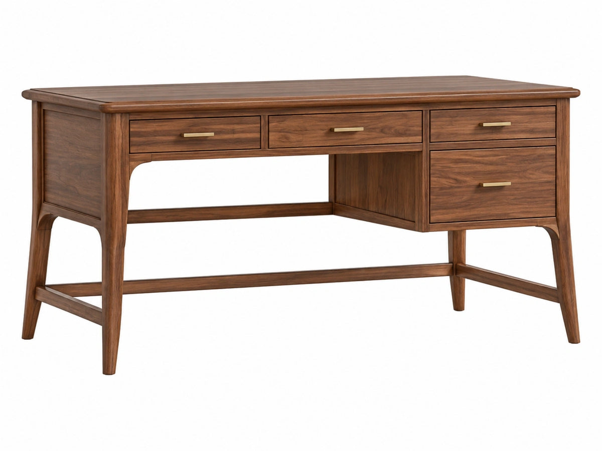 Houten bureau 152 x 76 x 76 cm walnootbruin met 4 laden - klassiek thuiskantoor