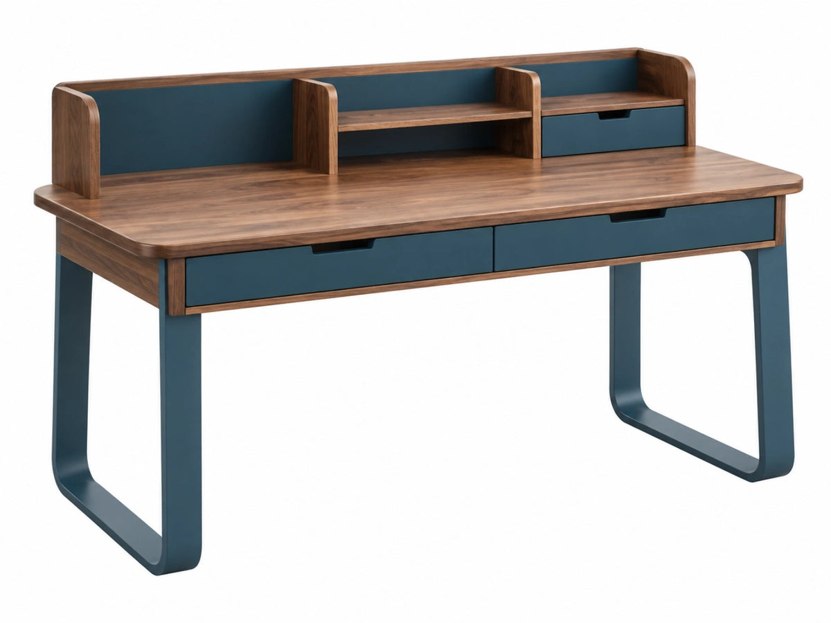 Bureau 140 x 60 x 110 cm hout en metaal bruin/blauw met laden en opbergvakken