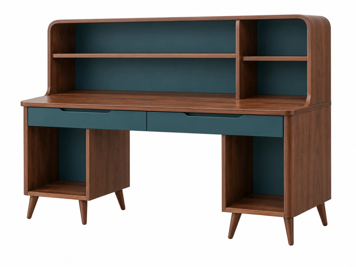 Bureau 140 x 60 x 180 cm houtlook bruin en blauwgroen met opbergrek en laden