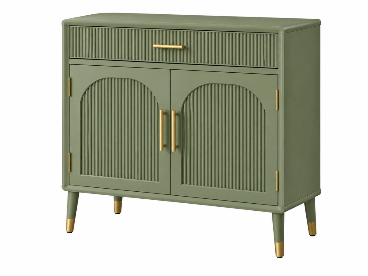 Dressoirkast 100 x 40 x 90 cm groen hout met 2 deuren en lade geribbelde retro opbergkast