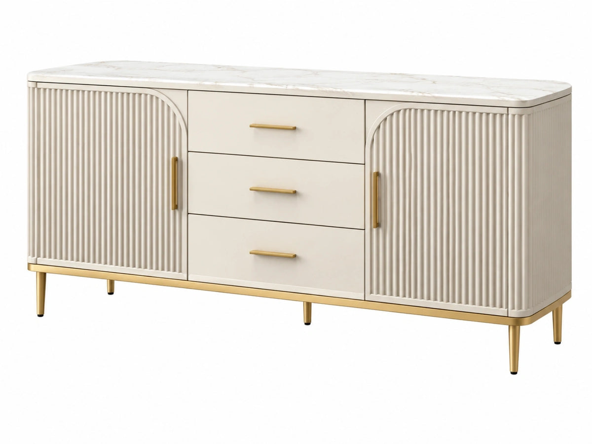 Dressoir 180 x 45 x 85 cm crème houtachtig plaatmateriaal met marmerlook blad - geribbelde opbergkast