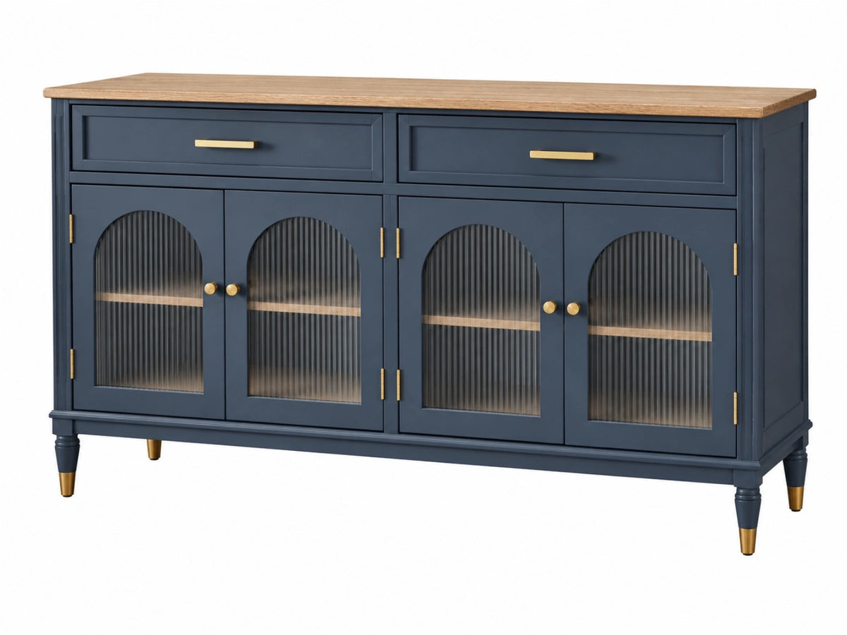 Dressoir 160 x 40 x 85 cm donkerblauw hout met geribbeld glazen deuren