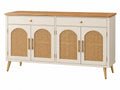 Dressoir 160 x 40 x 85 cm hout en rotan beige retro opbergkast met vier deuren
