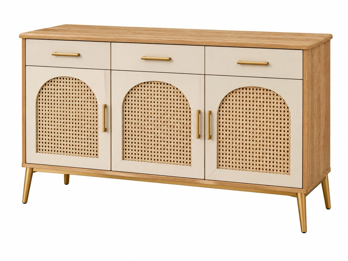 Dressoir 160 x 40 x 85 cm houtkleurig crème met rotan - opbergkast in retrostijl