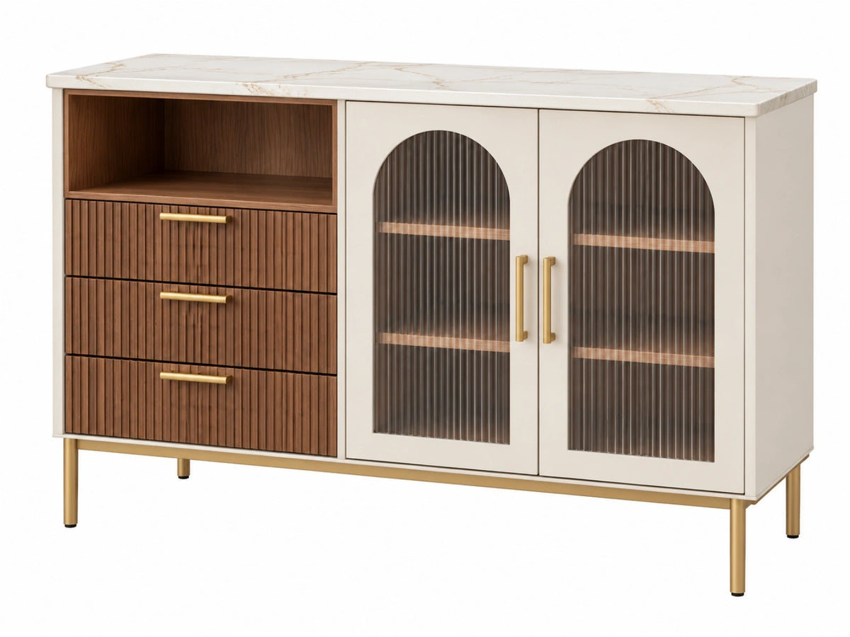 Dressoir 140 x 40 x 85 cm hout en glas wit/bruin modern met 3 lades en 2 deuren
