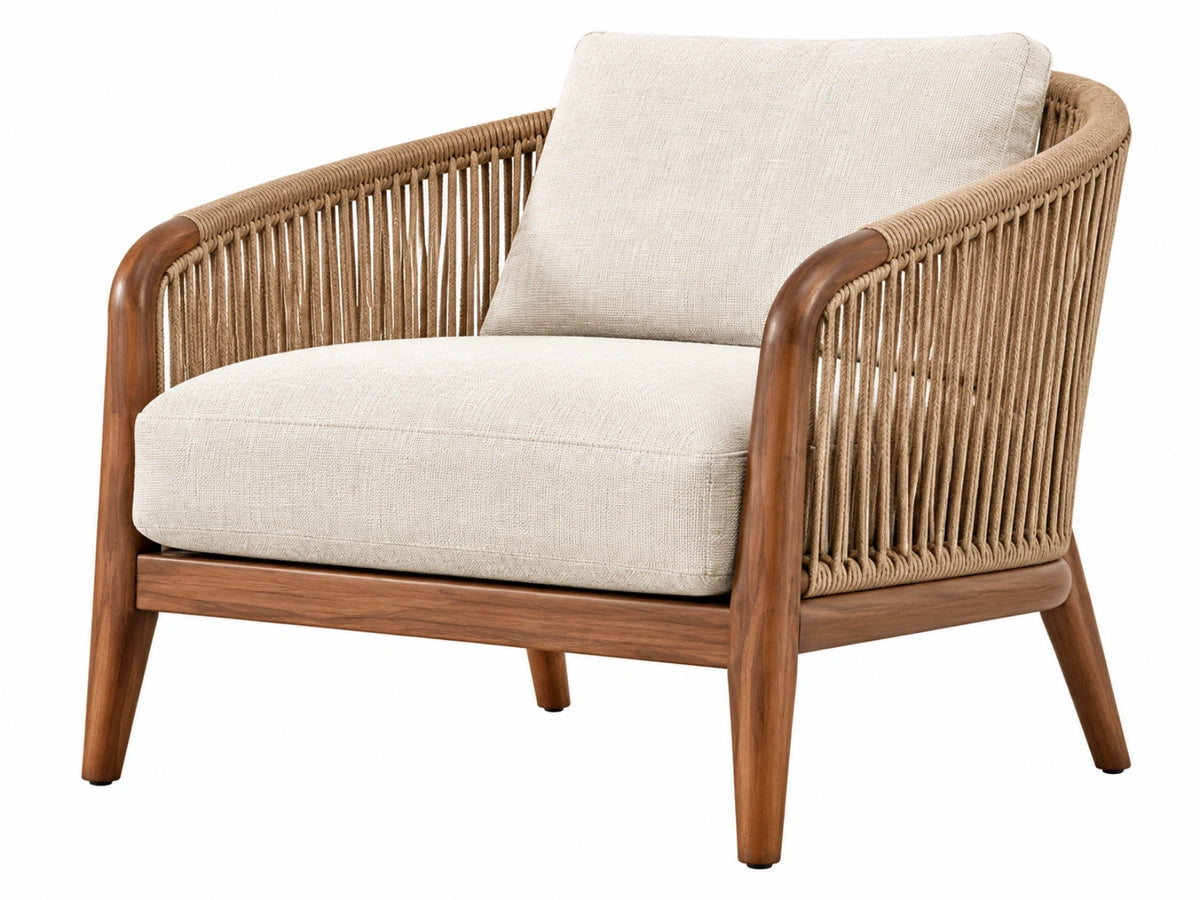 Fauteuil 80 x 75 x 82 cm - houten frame met gevlochten touw in bruin en crème - bohemian zitmeubel