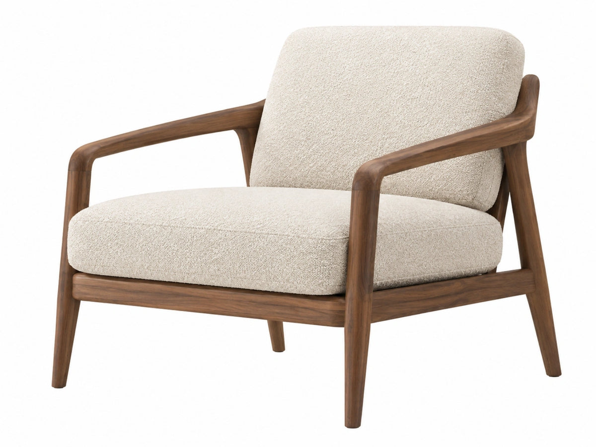 Fauteuil 78 x 75 x 82 cm - crèmekleurige boucléstof en bruin hout - moderne loungestoel