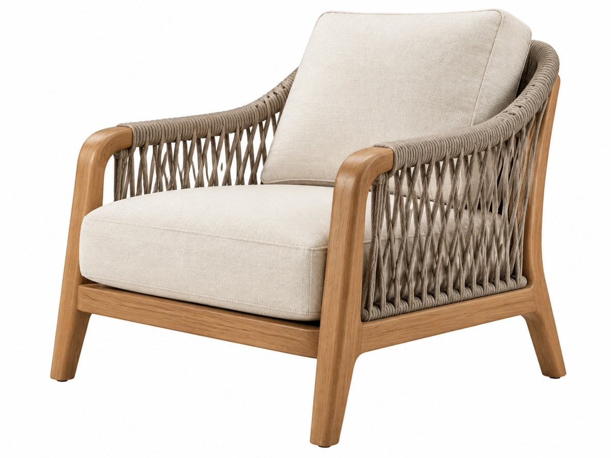 Loungefauteuil 75 x 80 x 85 cm - hout en gevlochten touw beige - voor terras en woonkamer