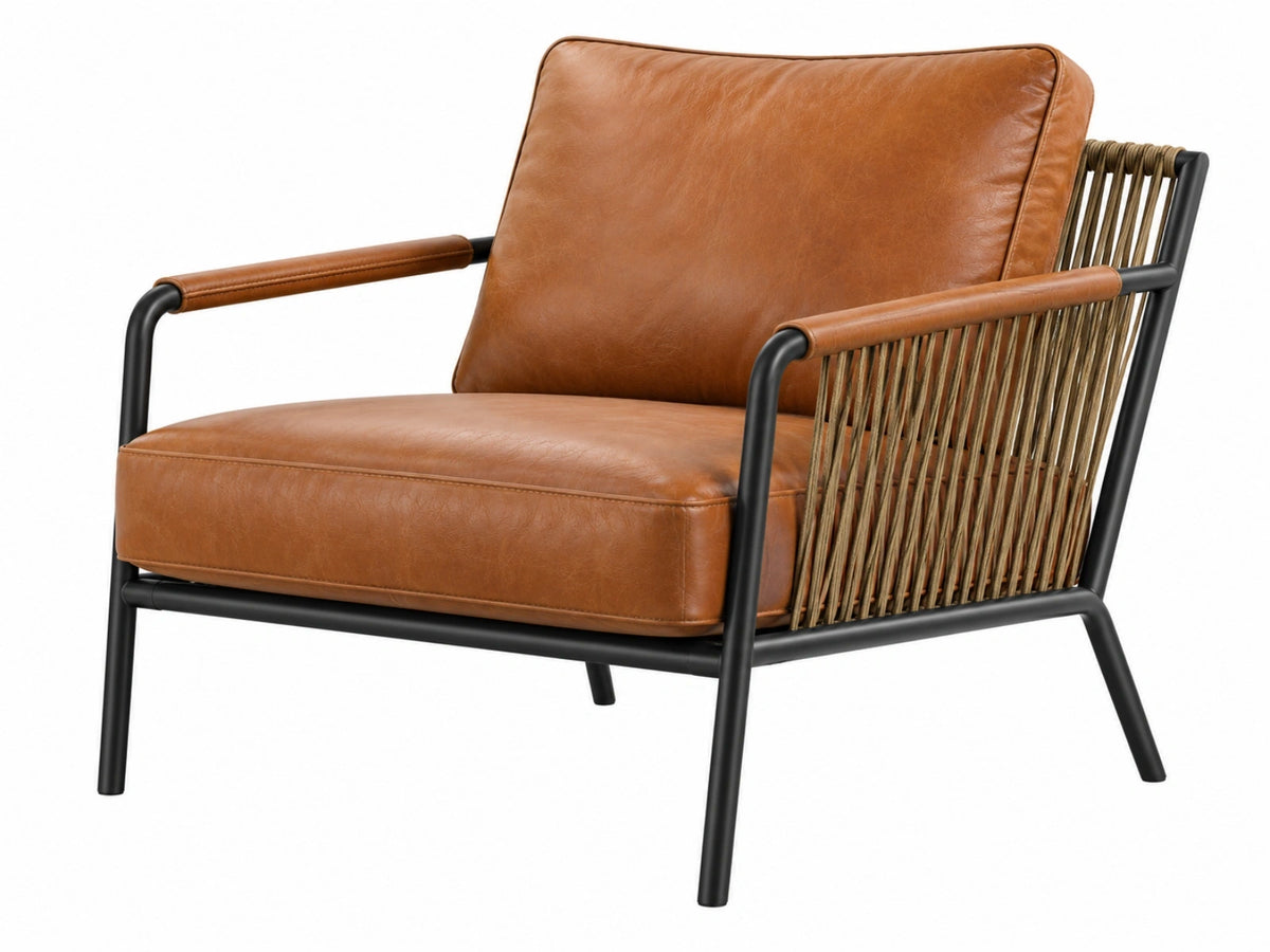 Fauteuil 76 x 82 x 86 cm bruin leerlook met zwart metalen frame en gevlochten rugleuning industriële stijl